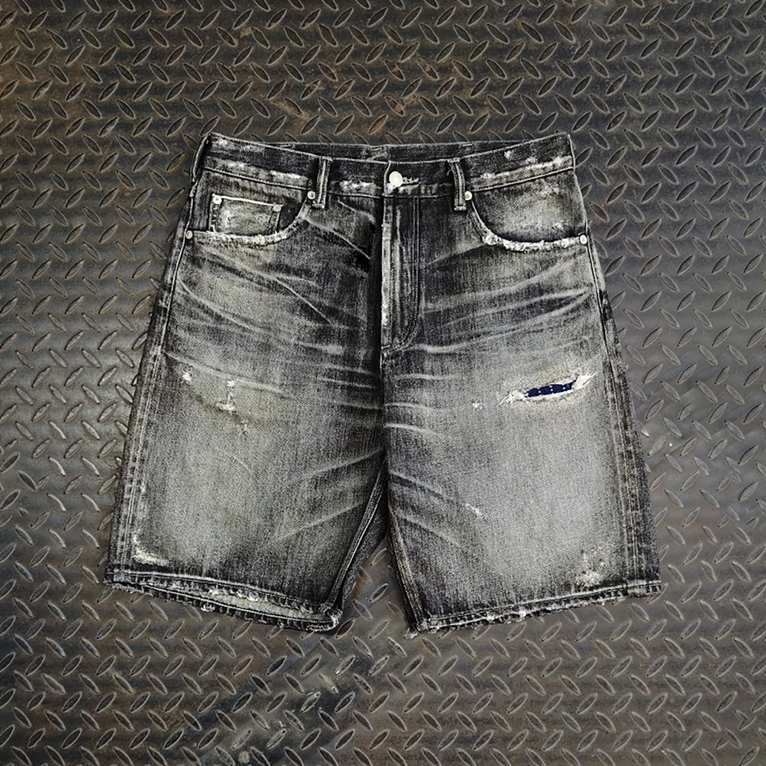 WIROTE威络水洗黑日系复古破洞补丁休闲百搭五分裤赤耳牛仔短裤男