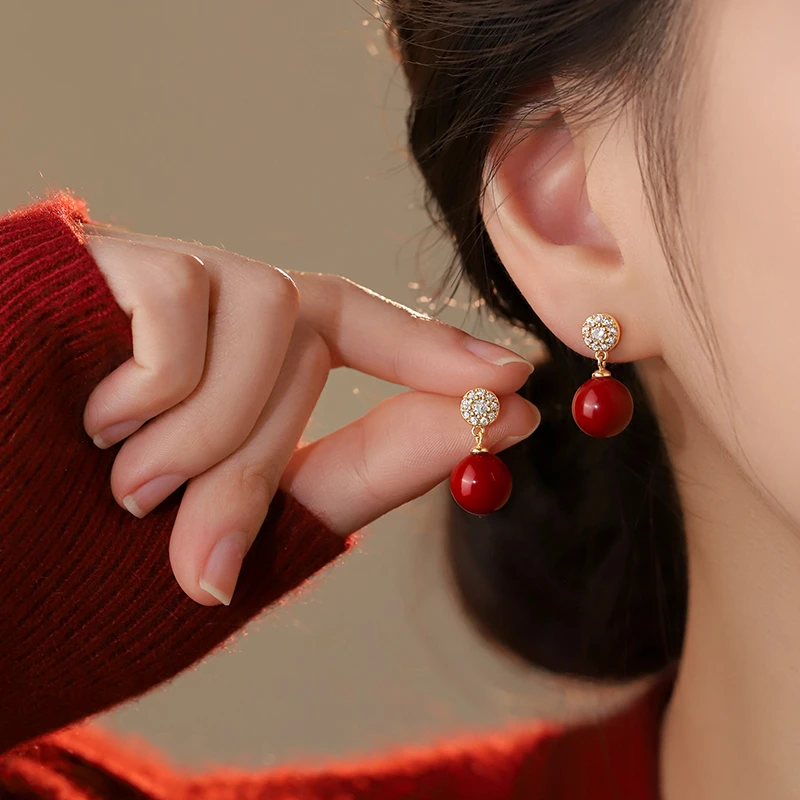 合金树脂耳饰 999银针珍珠耳钉小众本命年红色2025蛇过新年女耳环