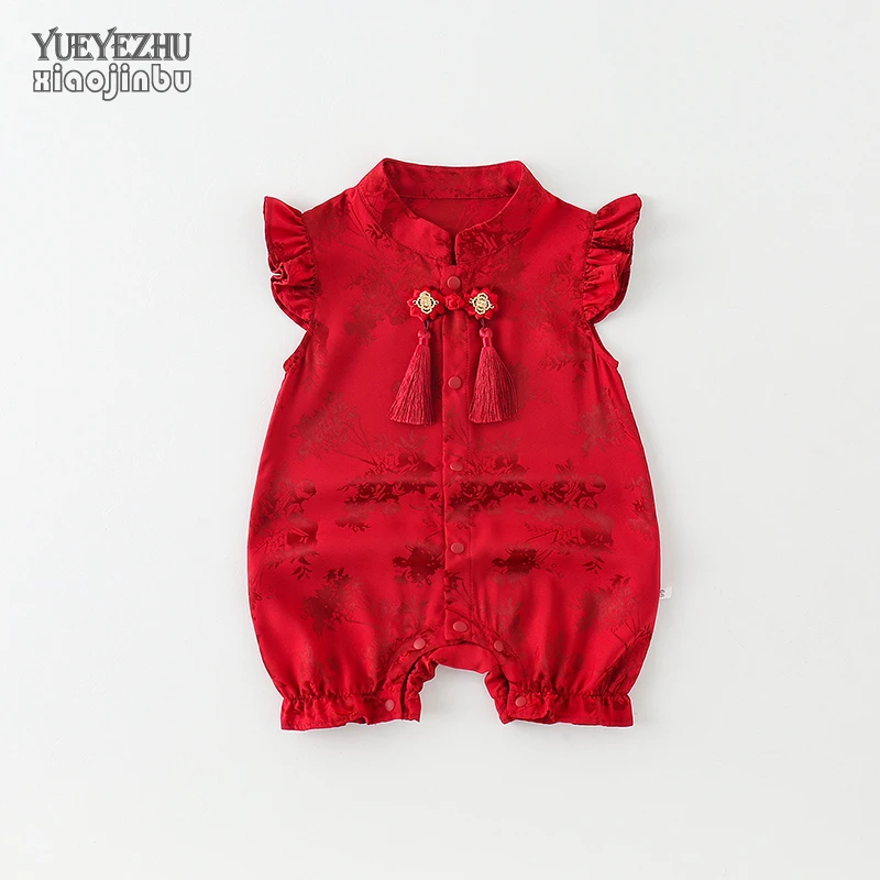 女宝宝满月衣服夏季新中式红色婴儿夏装飞袖连体衣外出百天周岁装