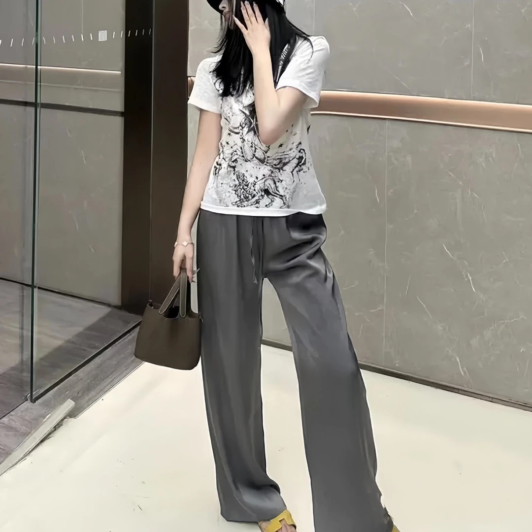 【K.Barbie】新中式夏季新款垂感醋酸缎冰丝阔腿裤显瘦（018款）时尚