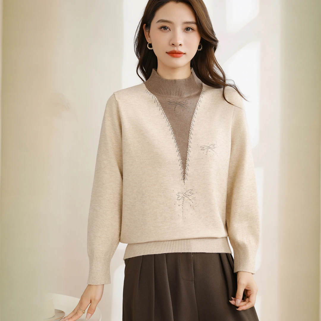 正品哥弟新款拼色长袖打底衫几何团中老年女装半高领气质毛针织衫