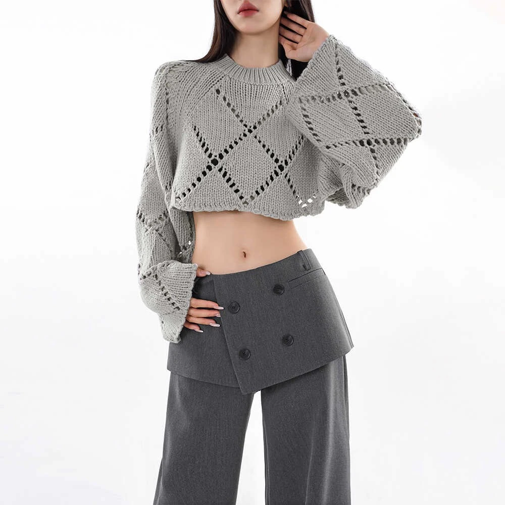 JAZZ JAYY 设计感镂空针织长袖女2024新款后绑带短款毛衣-S24896