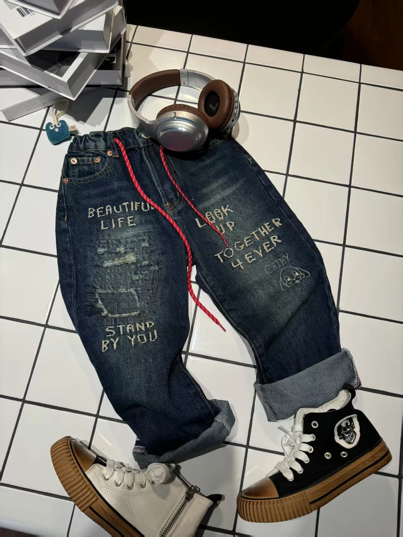 「LIUYI」春夏DD日系儿童小狗字母刺绣深蓝色牛仔长裤 2470