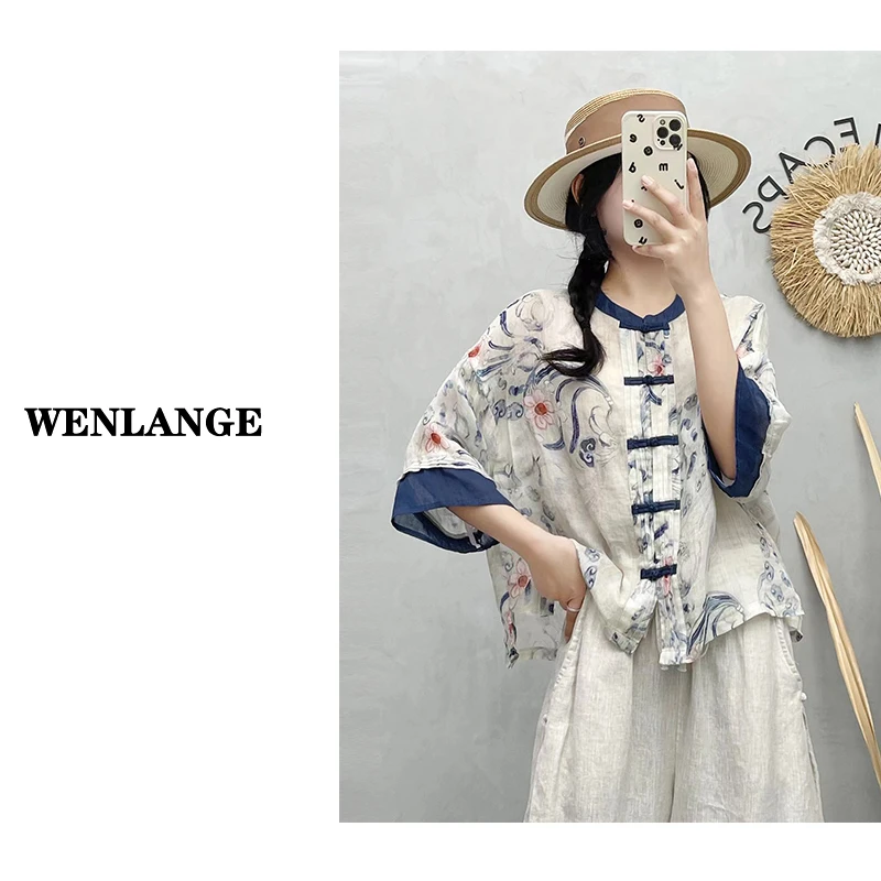 苎麻女装  9996纯苎麻印花撞色盘扣复古衬衫25新款宽松休闲小衫