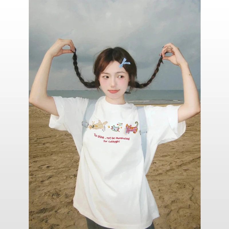 纯棉新款百搭白色针织短袖t恤女小个子宽松圆领上衣ins夏季五分袖