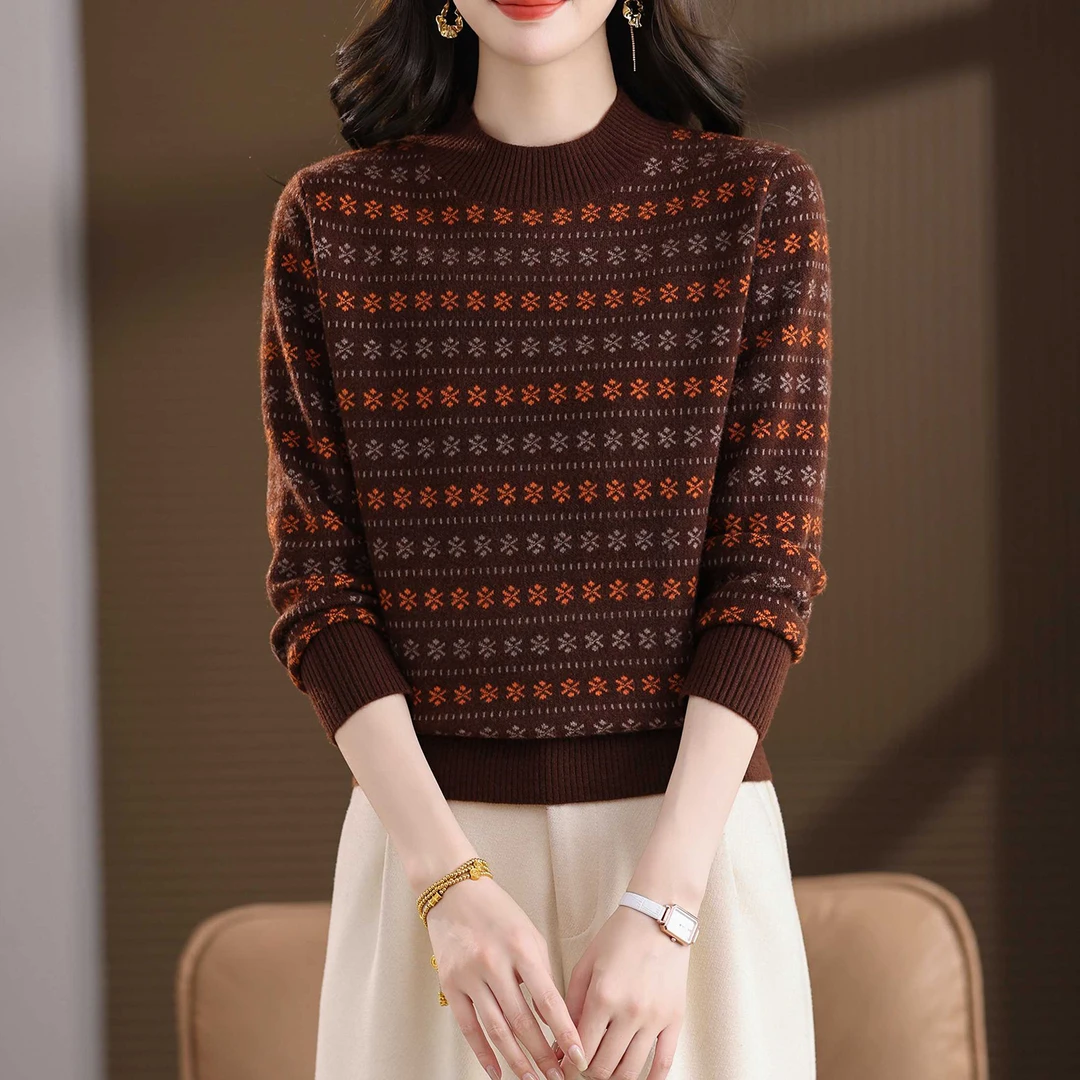 中年妈妈显瘦宽松打底衫针织秋冬季2025新款提花洋气毛衣内搭女士