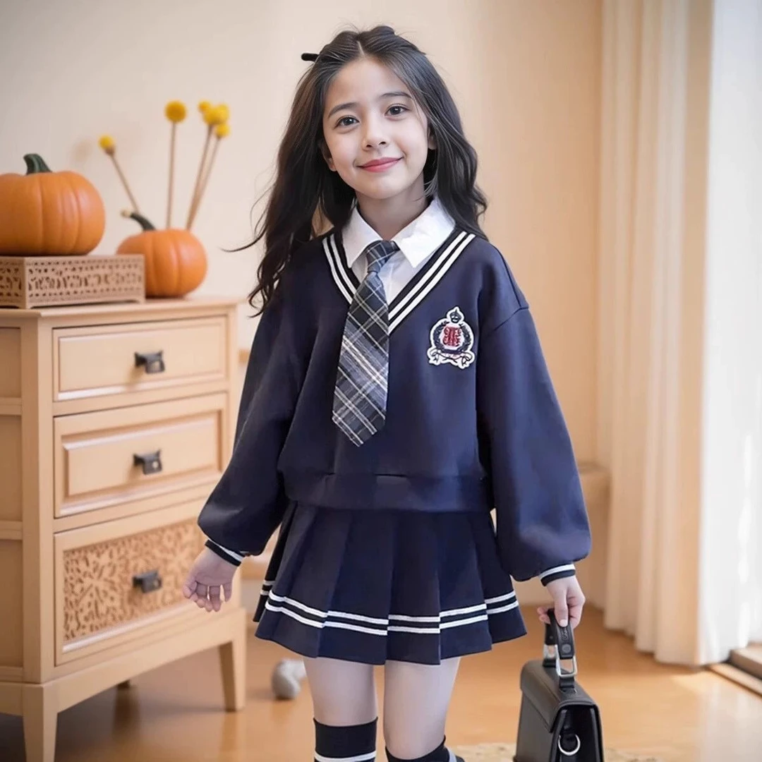 女童假两件套装裙子春秋2025新款春装儿童学院风女孩百褶裙两件套