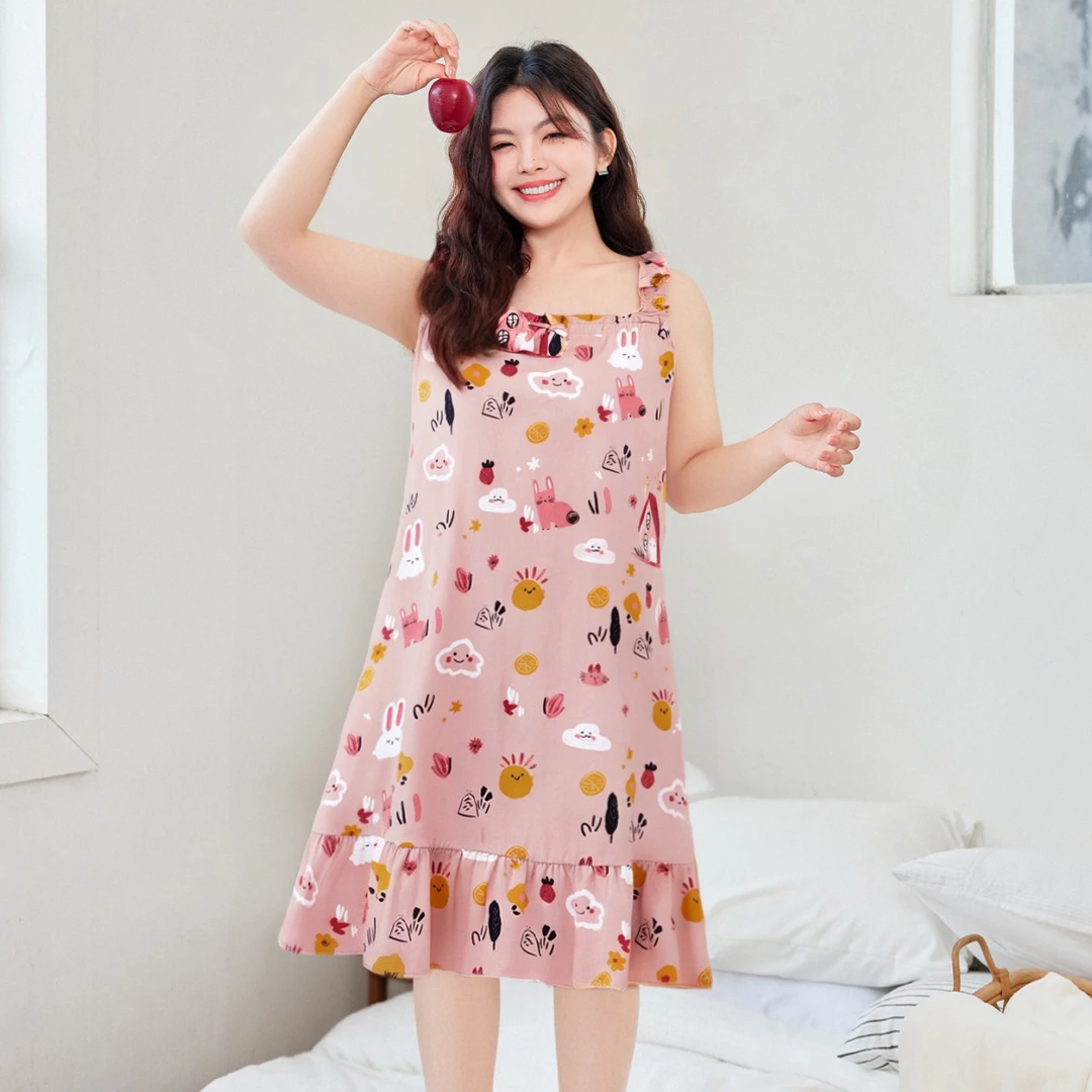 【高弹棉印花简奢睡裙MsShe大码女装夏装木耳边吊带家居服M2505060