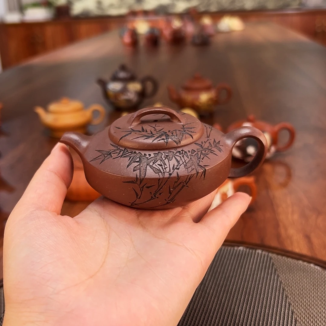 紫砂茶壶竹影扁石