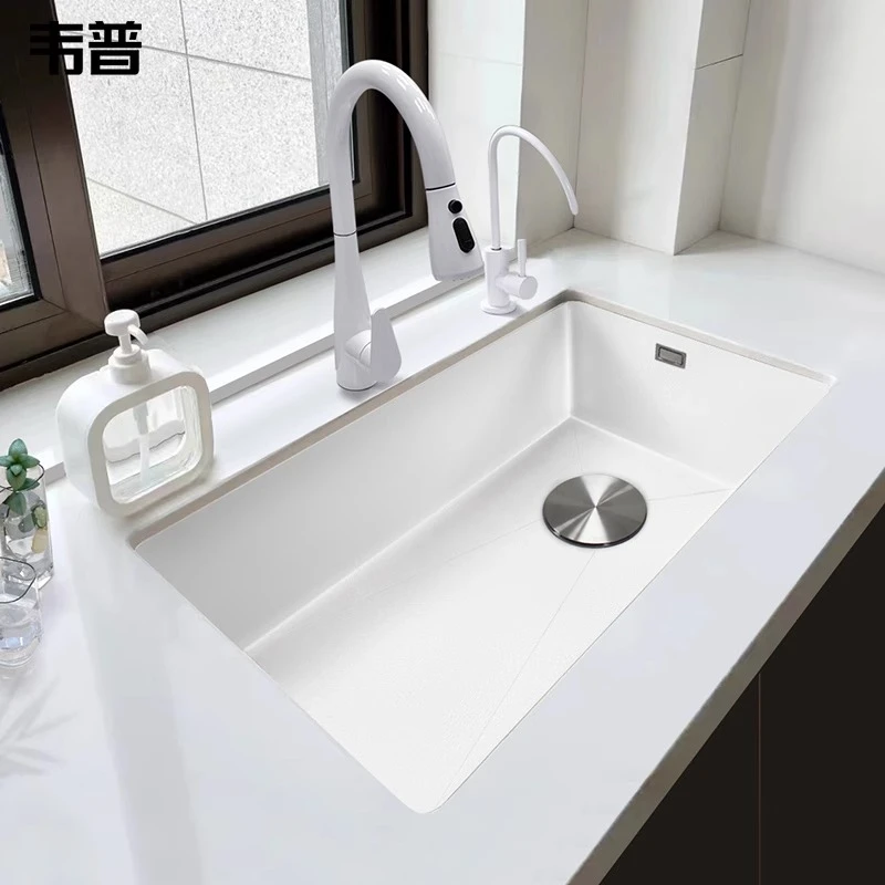 韦普白色纳米厨房水槽手工大单槽304不锈钢洗菜盆套装水龙头阳台