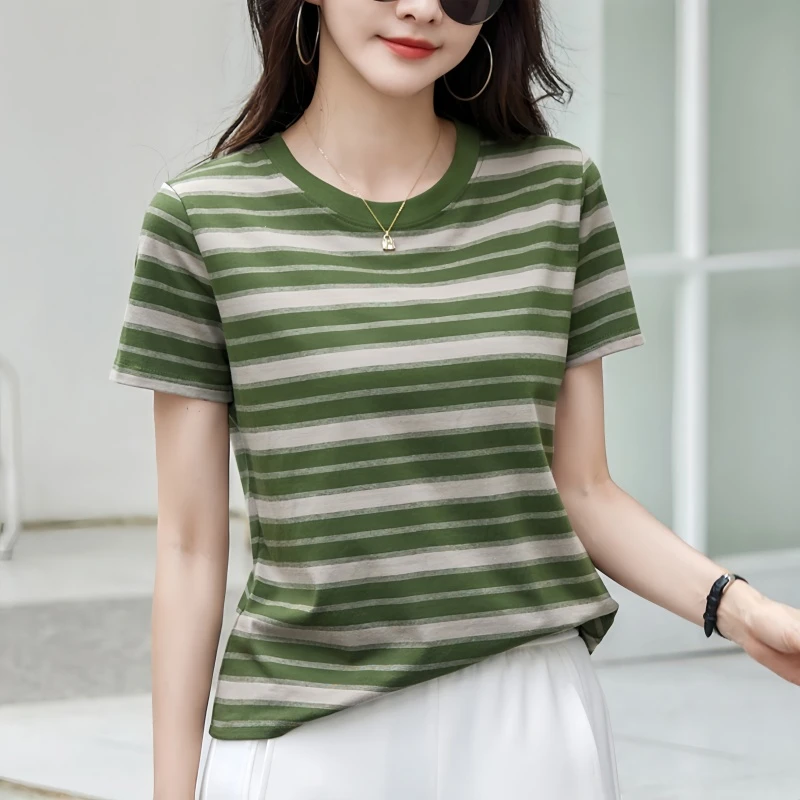 条纹女士短袖t恤棉夏季新款时尚洋气减龄宽松显瘦圆领正肩上衣潮