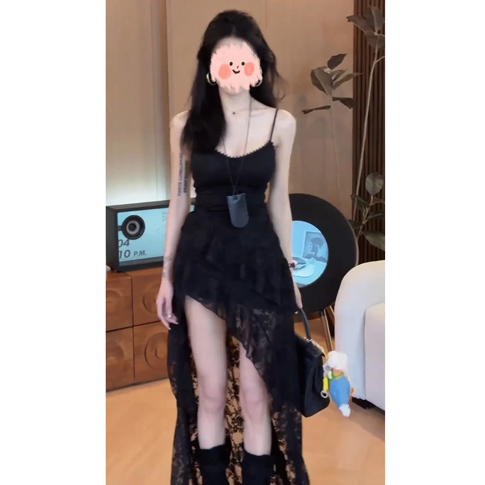 黑色蕾丝吊带连衣裙女夏季设计感不规则荷叶边裙气质氛围感a字裙