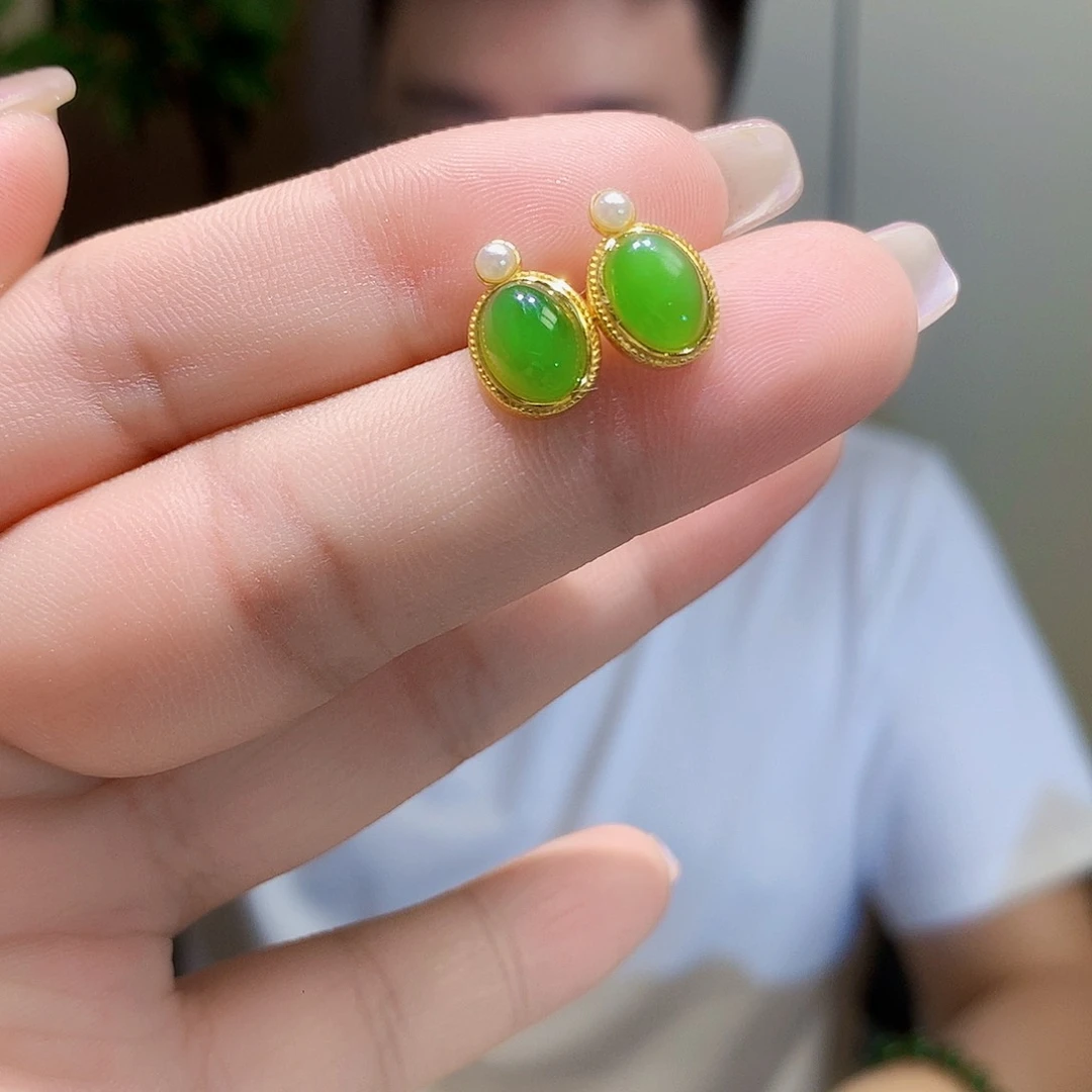 和田玉（碧玉）银S925镀金镶嵌耳饰