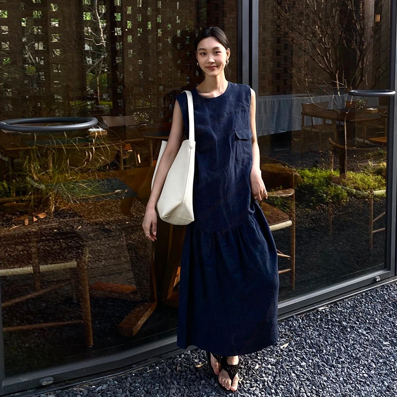 PURITY YH小众宽松藏蓝色休闲双口袋无袖宽松显瘦减龄连衣裙长裙