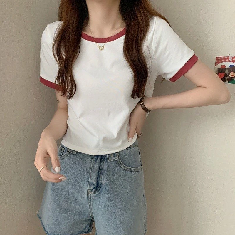 撞色圆领短袖t恤女2024年新款夏季打底衫韩版修身短款学生上衣潮