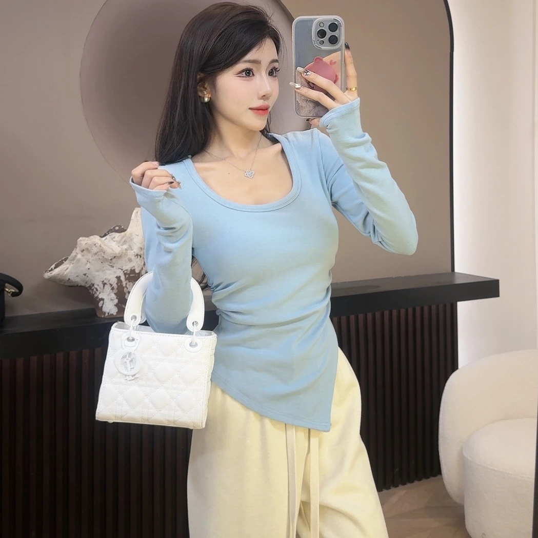 不规则T恤加厚磨毛新款紧身长袖打底衫内搭辣妹上衣 5123