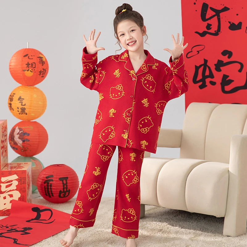 儿童睡衣春秋季红色纯棉长袖卡通本命年女童家居服套装马年中国风