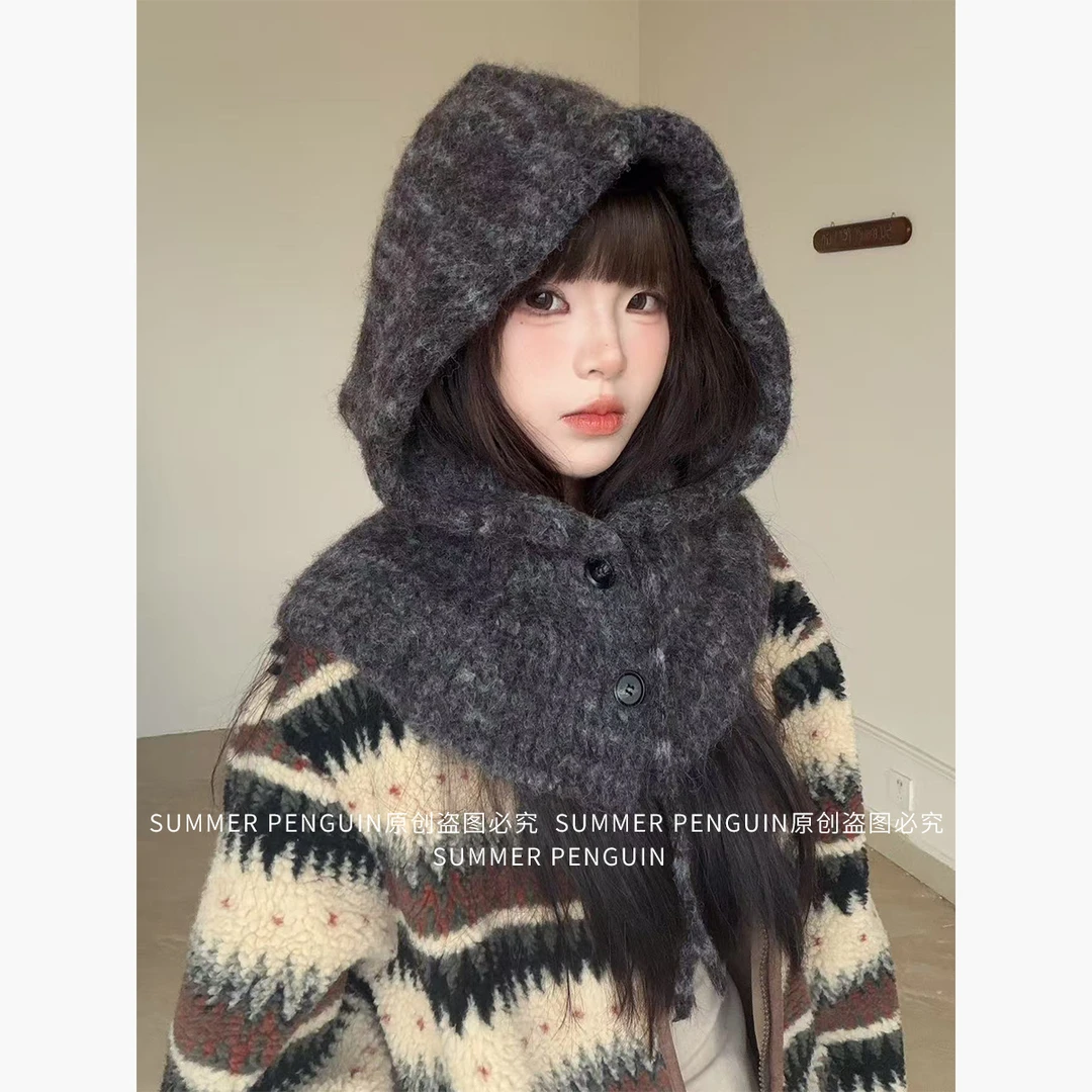 SUMMER PENGUIN大头围巴拉克拉法帽女冬连帽围脖护耳毛线套头帽子