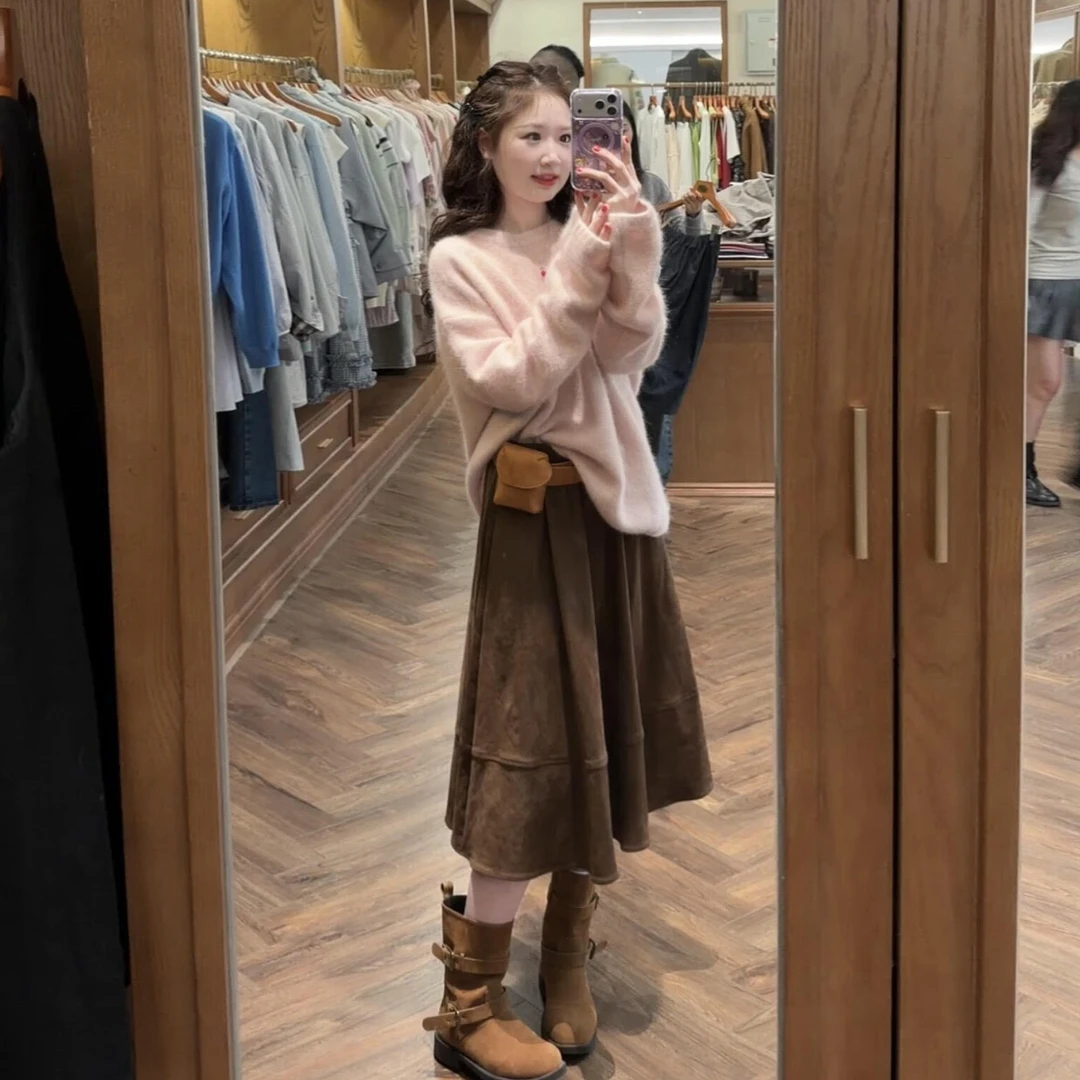 温柔风粉色毛衣套装连衣裙子女2025新款巨好看早秋穿搭一整套长裙