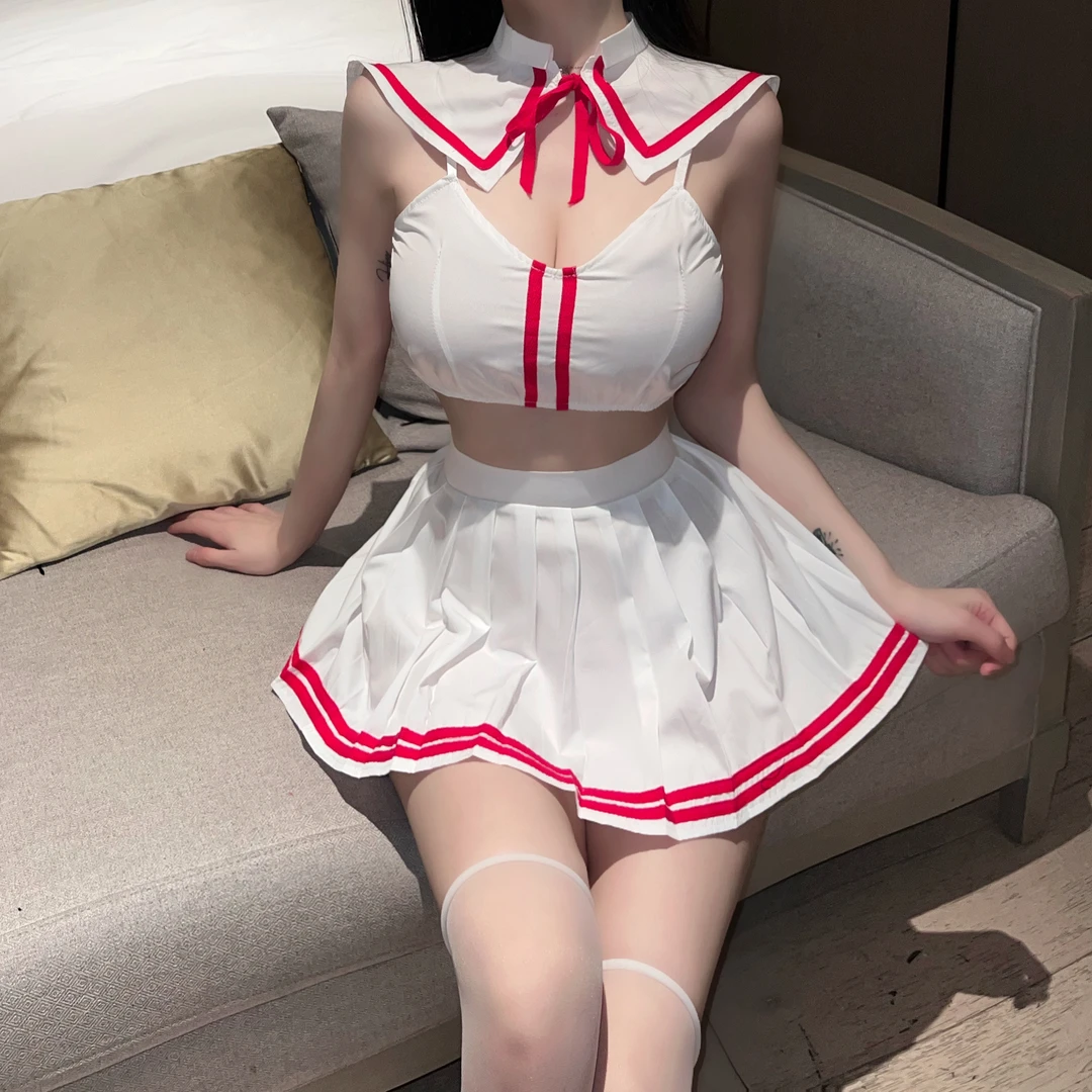 条纹dj演出服白色女纯欲性感jk制服纯欲暴露校服风百褶裙免脱学