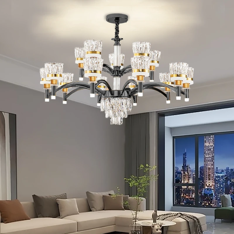 中山灯具美式轻奢水晶吊灯2024新款客厅大灯农村自建房挑空大厅灯