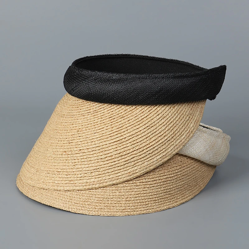 时尚品质拉菲草空顶帽菲律宾麻拼接简约发箍帽无顶遮阳帽草帽出游