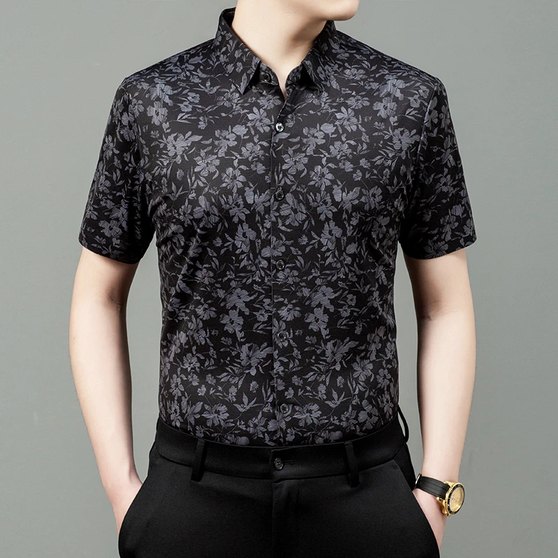 卡尔皮诺1061印花男士夏季短袖免烫碎花男士衬衫男士高档衬衫短袖