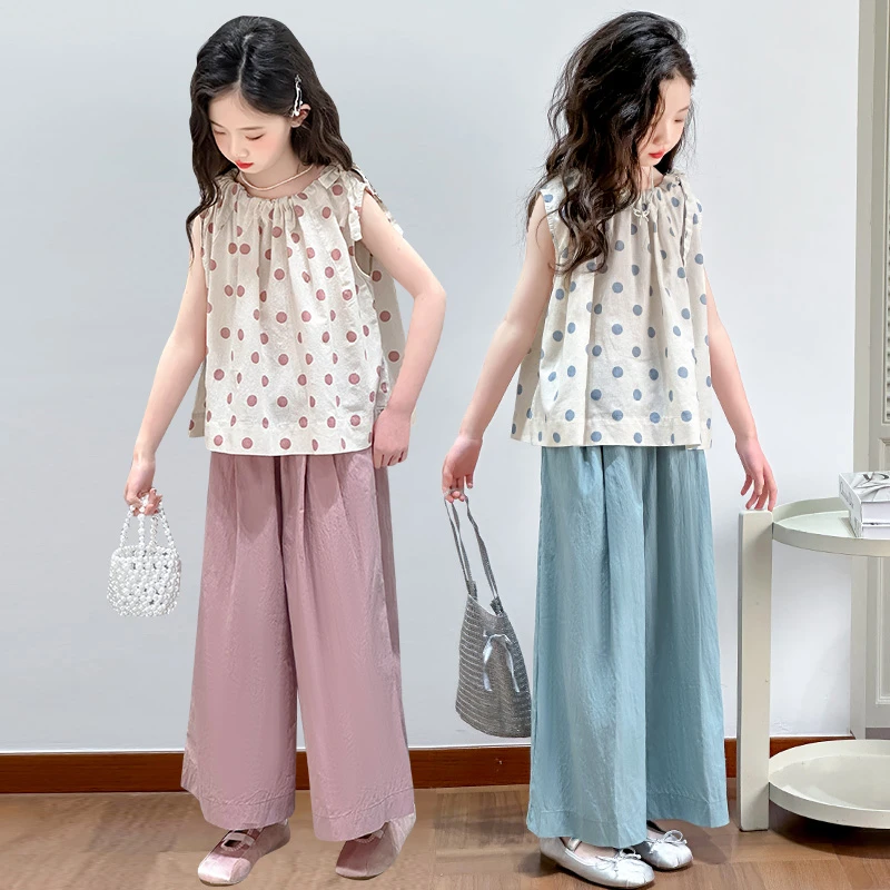 女童夏装套装2025新款儿童夏季薄款洋气时髦波点吊带阔腿裤两件套