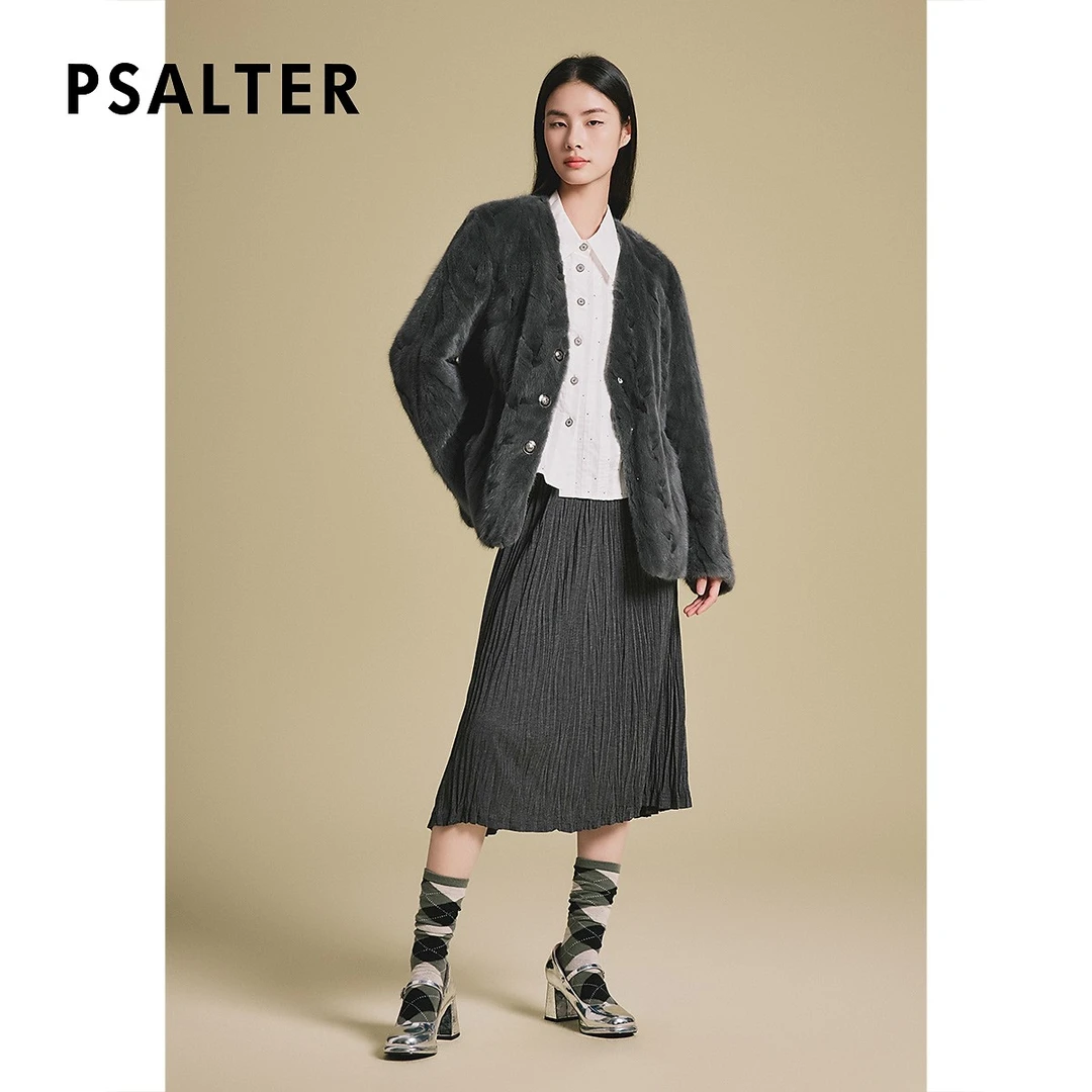 诗篇专选一手长V领H廓形桑蚕丝填充内胆水貂外套2025春游春新款