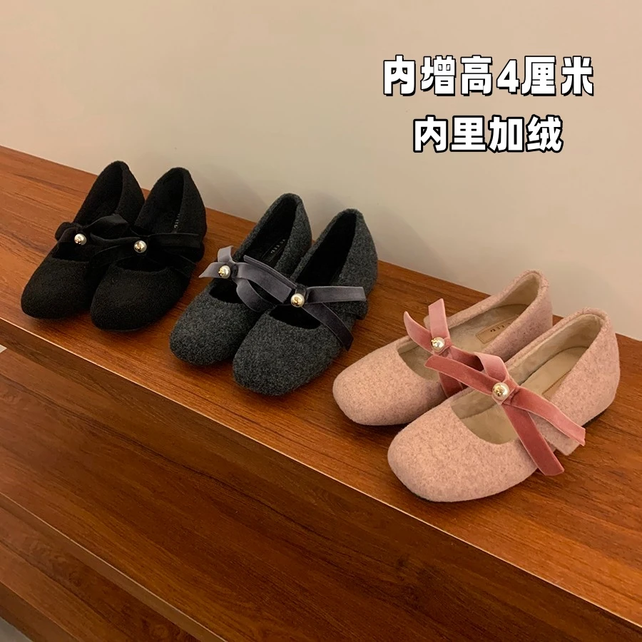 法式绒面小香风玛丽珍鞋女款2025秋冬季新款内增高软底浅口小单鞋