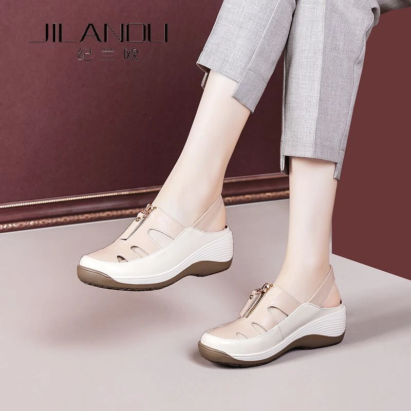 软底软面真皮女鞋2024夏季新款休闲鞋厚底包头凉鞋女镂空透气皮鞋