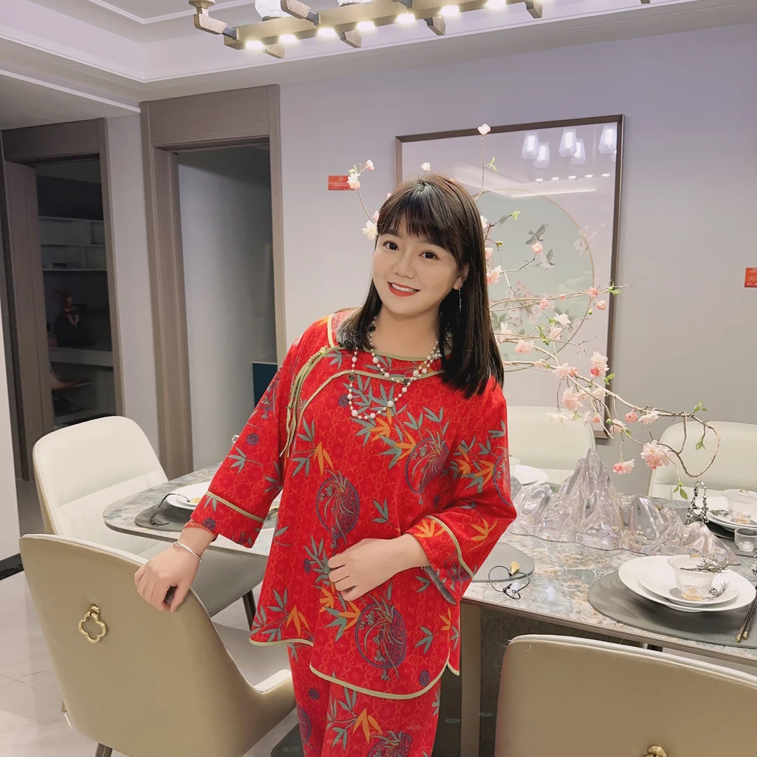 秋冬睡衣格格国风印花大码宽松舒适新款九分裤可外穿家居服988