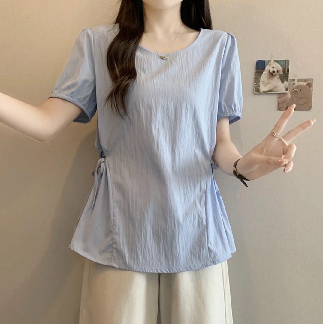 胖MM装胖大码韩版设计感甜美泡泡袖收腰小衫上衣2025夏季新款小众