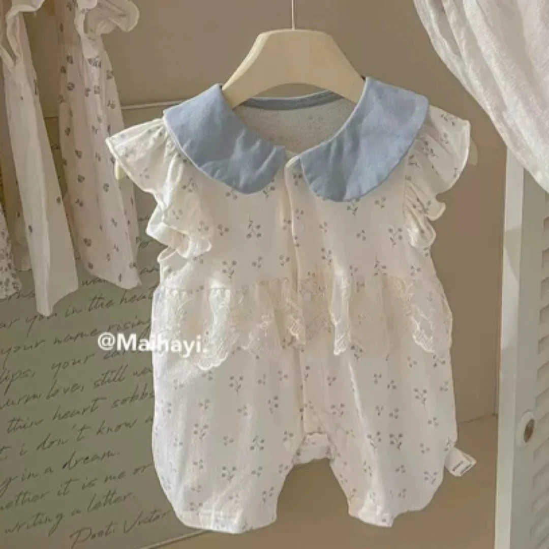 婴幼儿夏季纯棉舒适连体哈衣女宝宝薄款无袖小碎花翻领外出爬爬服