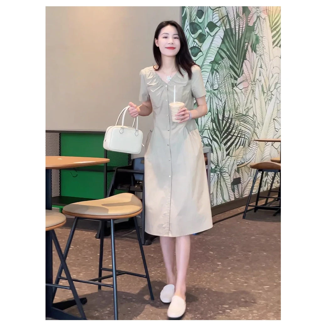 法式高级感V领褶皱连衣裙女装夏季简单大方法式气质显瘦裙子2025