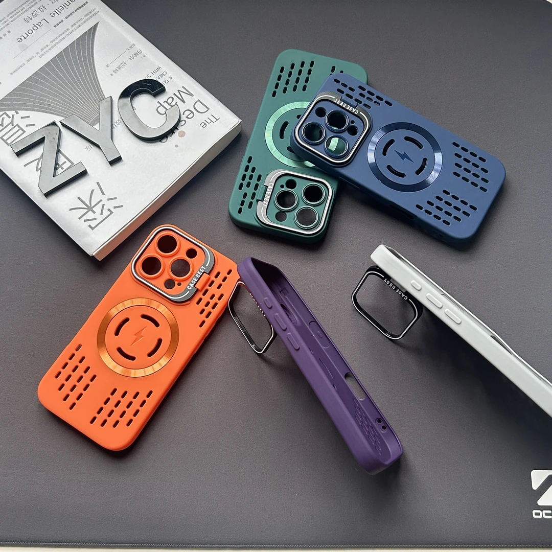 适用苹果16/15/14promax手机壳iphone13硅胶散热镂空磁吸镜头支架