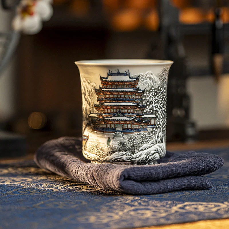 【墨舍名窑】一儒堂雪景四大名楼容天杯（滕王阁） yrt169 陶瓷景德镇