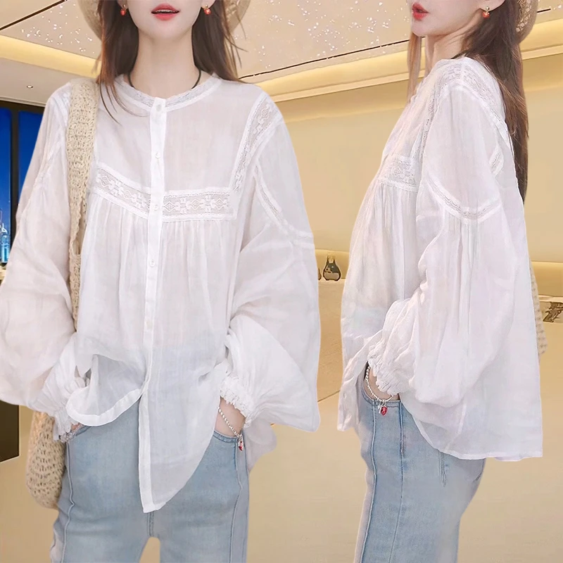 纯欲慵懒风气质小衫法式蕾丝拼接宽松长袖衬衫女白色仙气飘飘Y