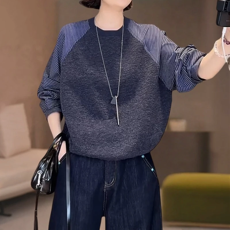 2674#韩版拼接小众设计感假两件衬衫早秋新款条纹宽松百搭上衣女