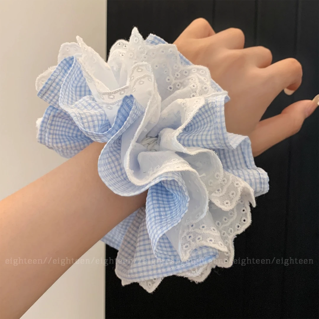 超仙韩系蓝色格子蕾丝大肠发圈女高级感丸子头慵懒风超大发饰头绳