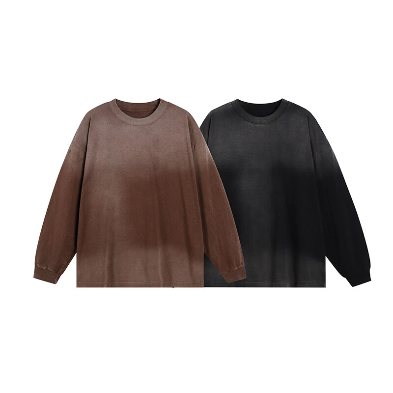 水洗渐变圆领长袖T恤女春2025新美式复古宽松休闲上衣情侣-2622