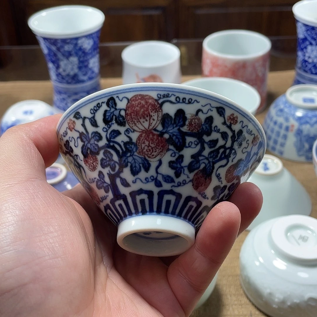 品若堂青花釉里红西瓜斗笠杯