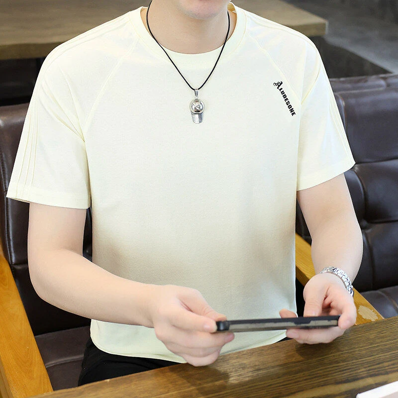 【高品质】2025夏季男士圆领短袖T恤男休闲百搭半袖宽松潮流7734 A