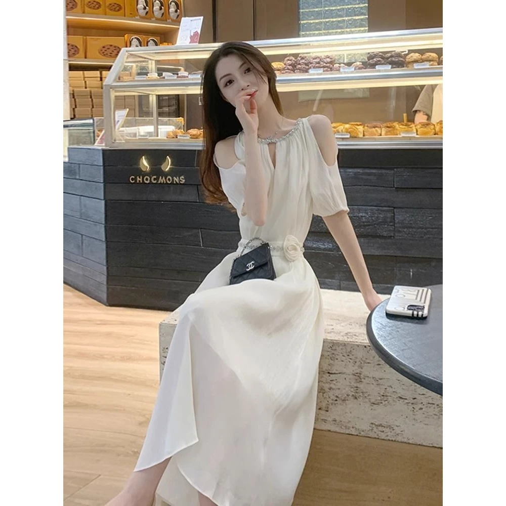 2025新款高级感拼接连衣裙露肩短袖中长款气质御姐风超仙气夏新款
