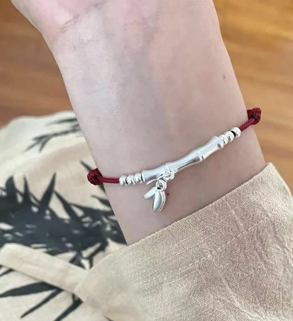 足银手链 原创手工编织-六六顺节节高红绳手链