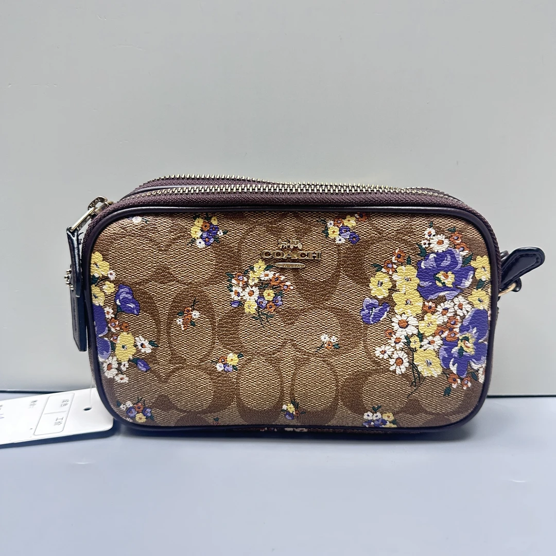 95新 COACH/蔻驰 花朵印花棕老花小相机包19X12X5cmM092506