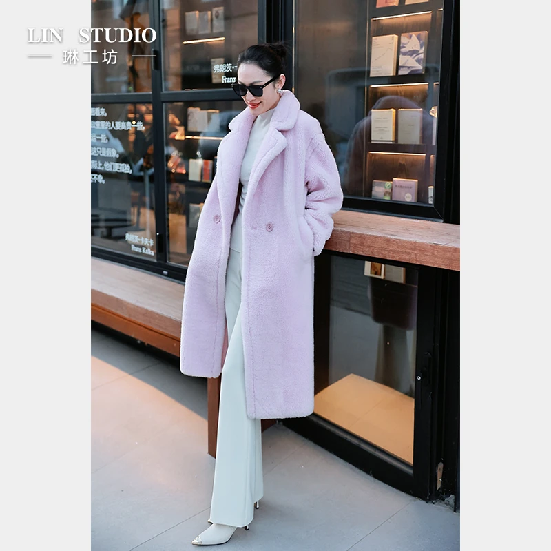 【绵羊毛】琳工坊酹月粉色大衣泰迪熊大衣秋冬气质时尚唐琳设计师