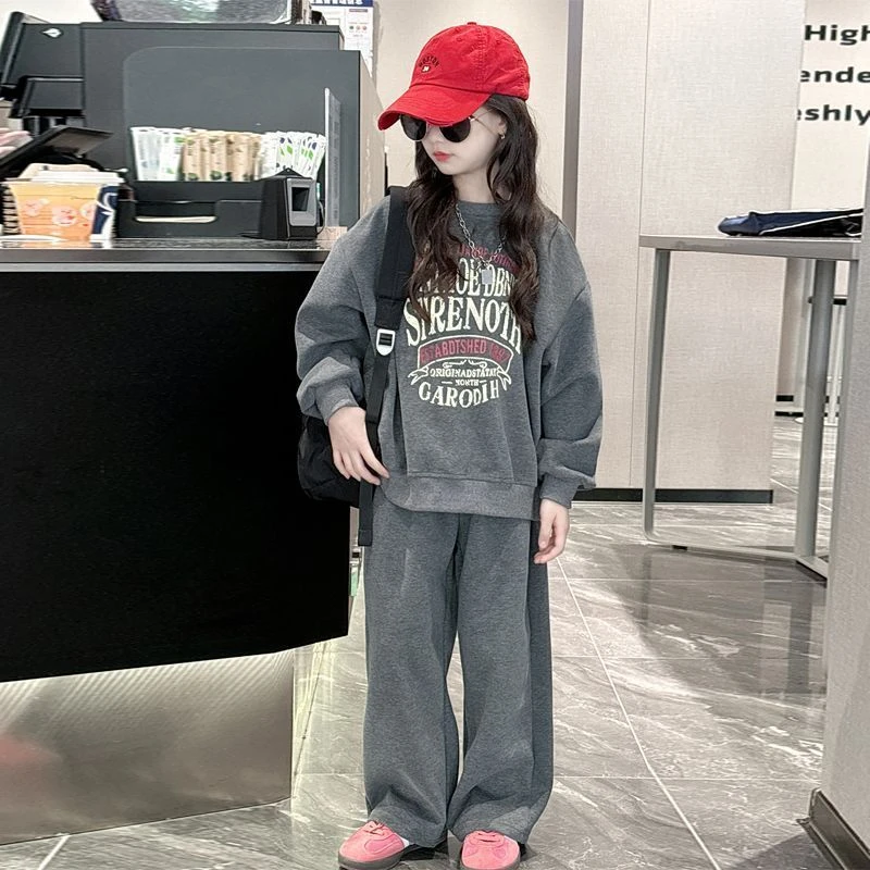 春秋薄款女童中大童长袖圆领卫衣休闲套装时髦洋气美式字母两件套