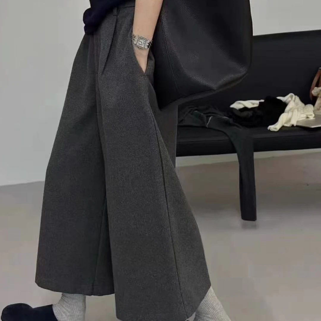 复古高级感呢高腰百搭宽松九分阔腿休闲女裤