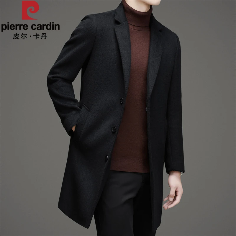 皮尔卡丹男士羊毛大衣秋冬新款中青年时尚休闲西装领中长款毛呢外